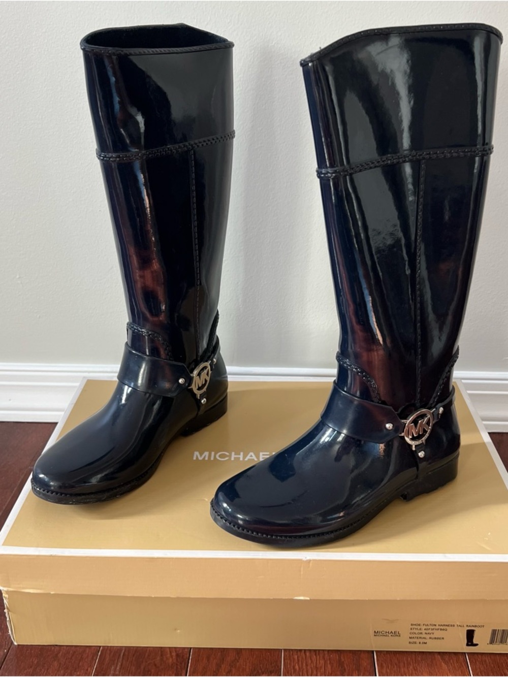 Michael Kors Glossy Black Patent Tall Boots with MK Logo